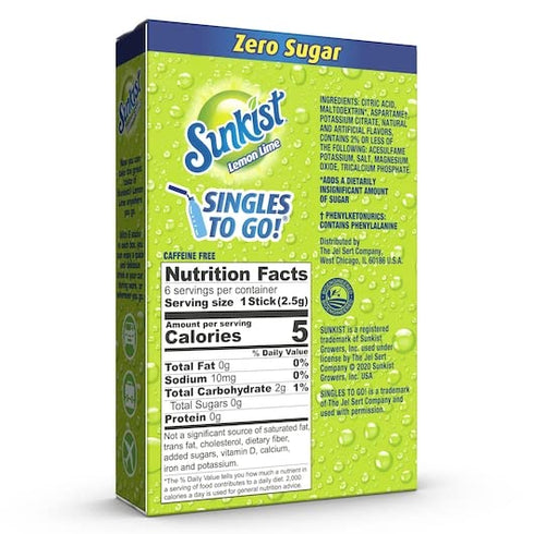 3 6 Packets -18 Sunkist Singles To Go Drink Mix Lemon Lime, Boxes with Each Total Servings