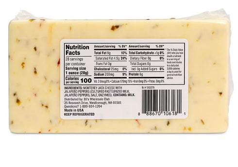 Generic Monterey Jack cheese block is studded with fiery bits of hot pepper and jalapeno that add just the right amount