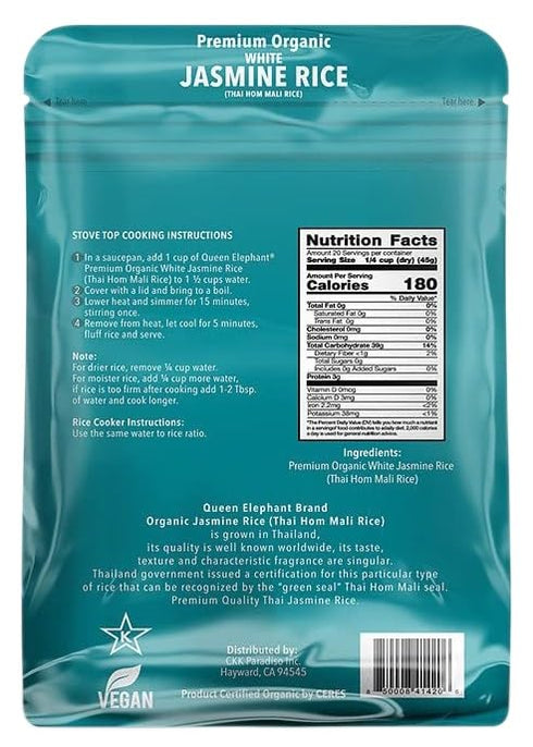 2lbs Queen Elephant Premium Organic White Jasmine Rice Bag | Product of Thailand | USDA Certified Organic, Non-GMO