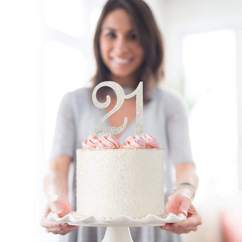21 Cake Topper, Premium Silver Metal, 21st Birthday Party Sparkly Rhinestone Decoration, Great Centerpiece