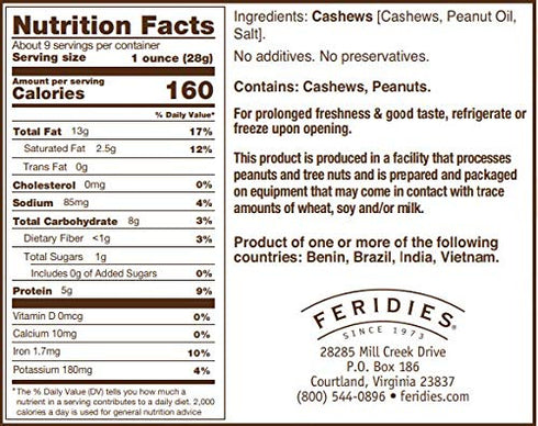 9 Oz FERIDIES Gourmet Whole Salted Cashews, Rich Flavor Plump Size, Non-Gmo, Ou Kosher Certified - Tin