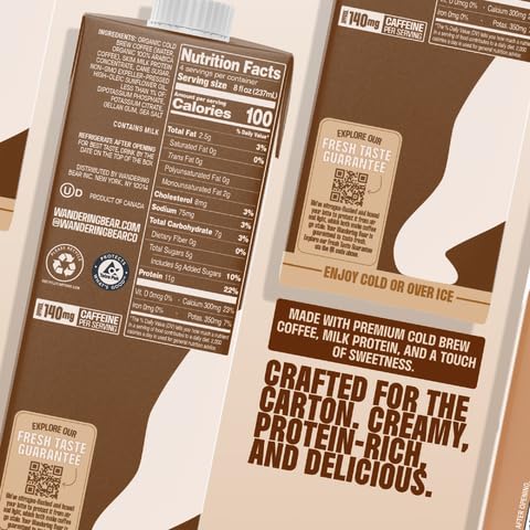 32 oz, 3 pack 11 100 5 Wandering Bear Double Latte Organic Cold Brew Coffee fl - Creamy High-Protein Cold Brew Latte, g