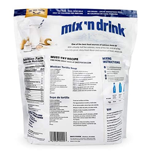 10 SACO Mix 'n Drink Instant Skim Milk, Fat-Free, GMO-Free, Gluten-Free, Nut-Free, rBST Free, High Calcium and Protein