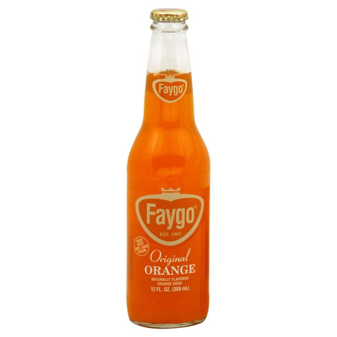 Faygo original orange flavor soda, 100% cane sugar, 12-fl. oz. glass bottle