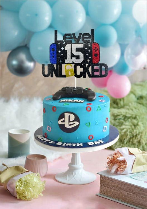 Happy 15th Birthday Video Game Cake Topper, Level 15 Unlocked Decoration for Kids Boys Girls Birthday Party