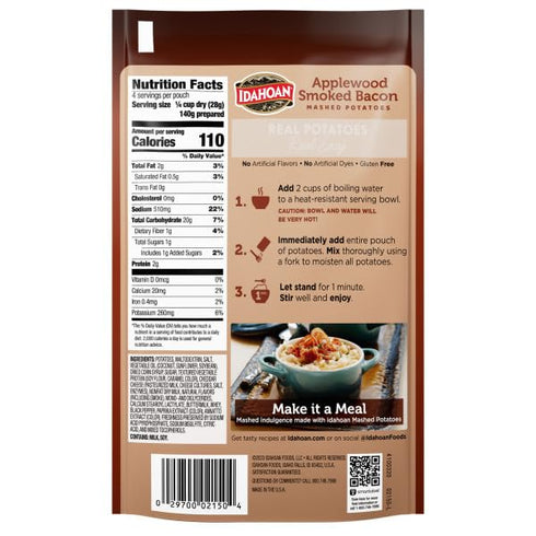 100% 4 4 (Pack 12) Idahoan Applewood Smoked Bacon Mashed Potatoes, Naturally Gluten-Free, Real Idaho Potatoes, servings