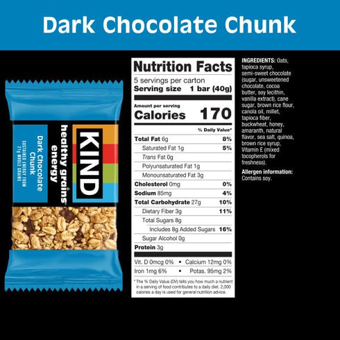 21g 40 Count KIND Healthy Grains Energy Bars, Dark Chocolate Chunk, Gluten Free, Healthy Snacks, Whole Grains