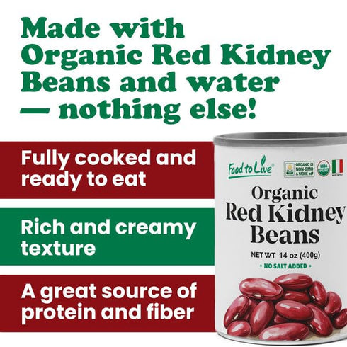 14 oz (Pack 4) Food to Live Organic Italian Red Kidney Beans, of Unsalted, Non-GMO, Vegan. Ready to Eat. Perfect