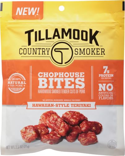 Country Country 2.5 Oz Tillamook Smoker Pork Jerky Snacks, Smoker Chophouse Bites, Hawaiian-Style Teriyaki Tender Cuts