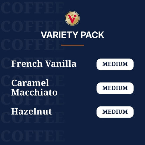 Pack 32 Count, Victor Allen's Coffee Variety (French Vanilla Flavored, Caramel Macchiato, Hazelnut), Single Serve