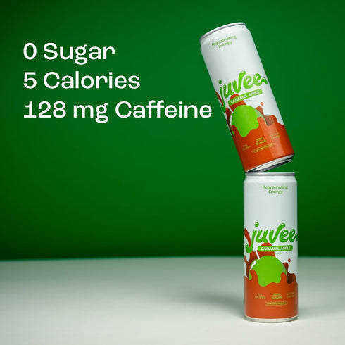 12 oz (12-Pack) 128mg Juvee Rejuvenating Energy Drink Sugar Free Caramel Apple Flavor, Cans Natural Caffeine, Zero