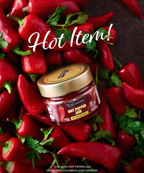 4.59 oz Tuscanini Hot Pepper Jam, | Sweet & Savory Jam | Italian Gourmet Jam made with Calabrian Chili | Great as Bacon