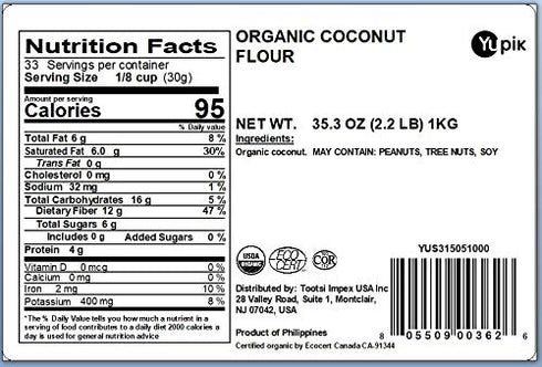 2.2 lb (35.2 oz), Yupik Organic Coconut Flour USDA Certified, Gluten-Free, GMO-Free, Raw, Vegan, Low-Calorie, Finely