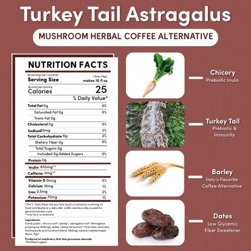 10 Oz Teeccino Turkey Tail Astragalus Coffee Alternative - Toasted Maple - Adaptogenic Herbal Mushroom Coffee, Medium