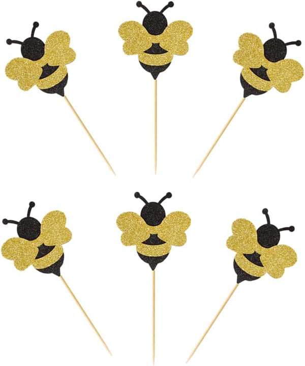 24 Pack Glitter Bumble Bee Cupcake Toppers for Baby Shower and Gender Reveal Party Decorations