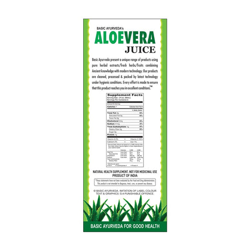 16.23 Oz (480ml) BASIC AYURVEDA Aloe Vera Juice Sugar Free | Fl | Pure Aloe Vera Herbal Juice | Supports Digestion