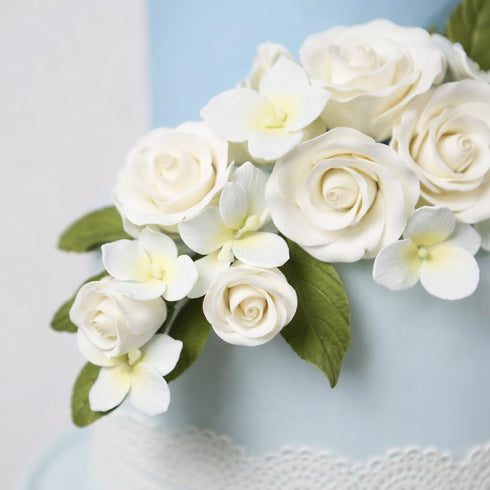 24 Count Global Sugar Art Hydrangea Blossom Sugar Cake Flowers, Pale Blue with Yellow, Wired, by Chef Alan Tetreault