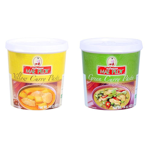 Mae Ploy Thai Curry Paste Bundle - Yellow and Green Curry Paste for Restaurant-Quality