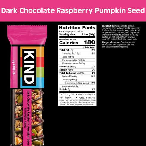 5g 12 Count KIND Healthy Snacks Bars, Dark Chocolate Raspberry Pumpkin Seed, Gluten Free, High Fiber Snacks, Protein
