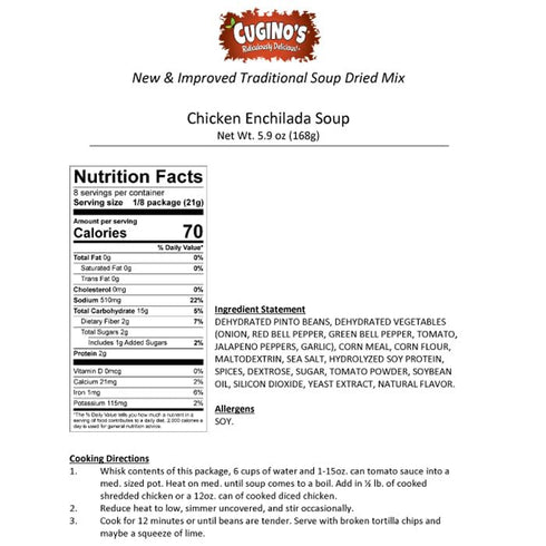 6 Pack, 12 Cugino's Chicken Enchilada Soup Mix, Homemade Southwest Gourmet Flavor with Vegetables, Beans, and Tomatoes