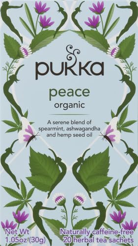 20 Pukka Organic Peace Herbal Tea with Spearmint, Ashwagandha, and Hemp Seed Oil, Caffeine Free, Total Tea Bags