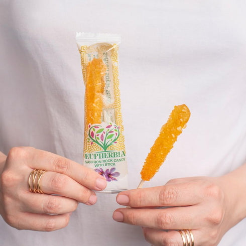 25 Pack, 16Oz, 450 (25x18g) EUPHERBIA Saffron Rock Candy Sticks, Pure Crystalline Elegance, Handcrafted Sweetness