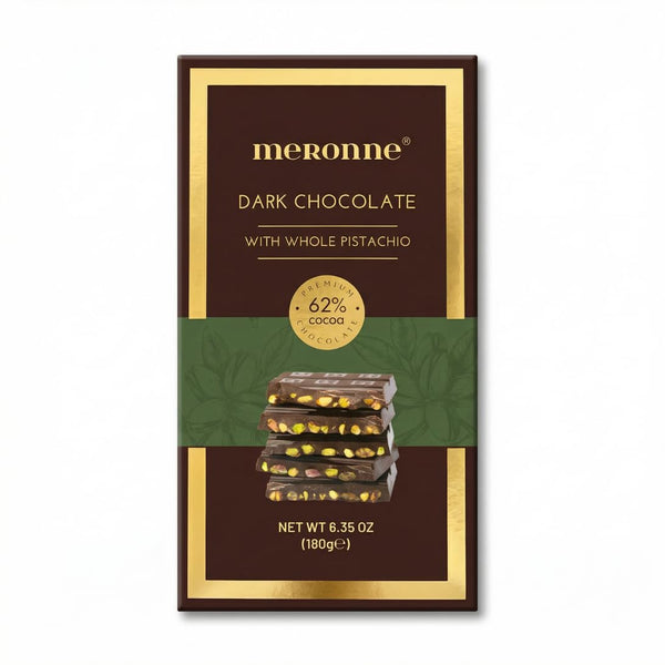 Meronne 62% Dark Chocolate Bar with Whole Pistachios, 180g (6.35 oz) Plant-Based,