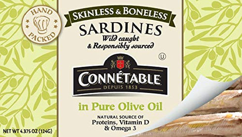4.375 Pack 12 Sardines | Connetable | Sardines in Pure Olive Oil | Skinless Boneless | Ounce |