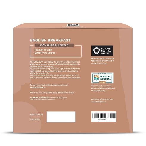 (100 Count) HANDPICK, Organic English Breakfast Black Tea Bags USDA Organic, Non-GMO | Strong, Robust, High-Caffeine