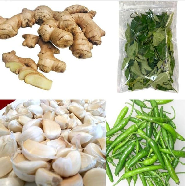 Generic Fresh Cooking Ingredients Set - Ginger Root, Curry Leaves, Garlic Cloves, Thai