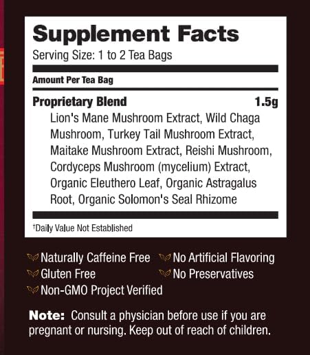 6 20 6 count Bravo Tea Mushroom Defense Herbal Tea, Caffeine Free Tea Bags