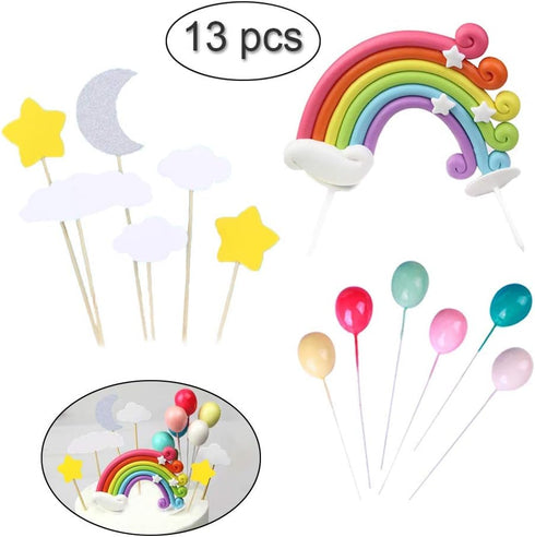 Palksky Colorful Rainbow Cake Topper/Wedding Cake Flags/Cupcake Picks Set - Includes Cloud Balloon Moon Stars