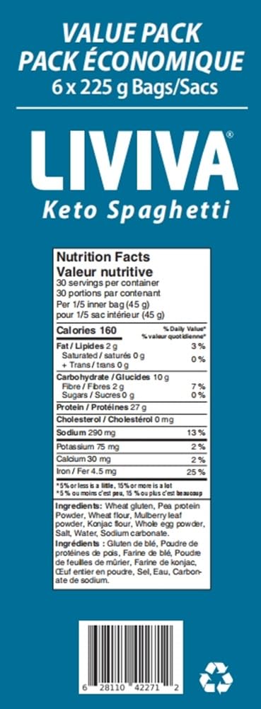 Pack 6 135 8g (6 Pack, LIVIVA Low Carb High Protein KETO Value Spaghetti Noodle Pasta Pk g Protein per Box with Pea