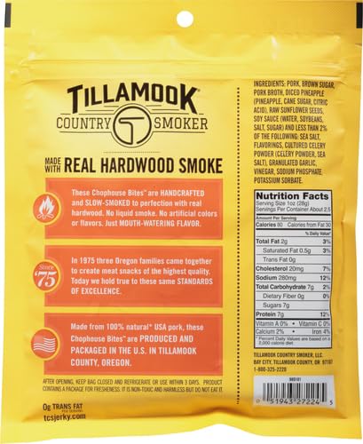 Country Country 2.5 Oz Tillamook Smoker Pork Jerky Snacks, Smoker Chophouse Bites, Hawaiian-Style Teriyaki Tender Cuts