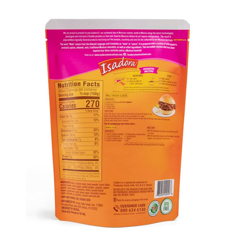 15 oz Isadora Fully Cooked Pollo con Mole Pouch, Ready-to-Eat Microwave Meal, Seasoned Shredded Chicken, Gluten Free