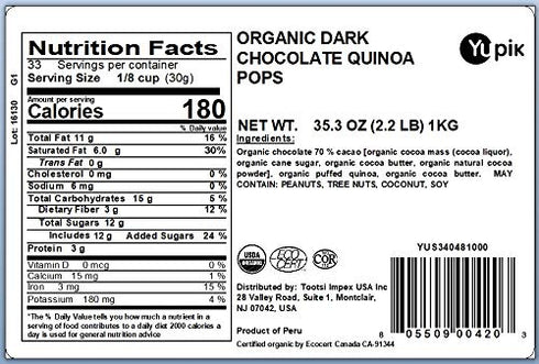 70% 2.2 lb (35.2 oz), Yupik Organic Dark Chocolate Covered Puffed Quinoa, Cacao, Gluten-Free, GMO-Free, Kosher, Vegan