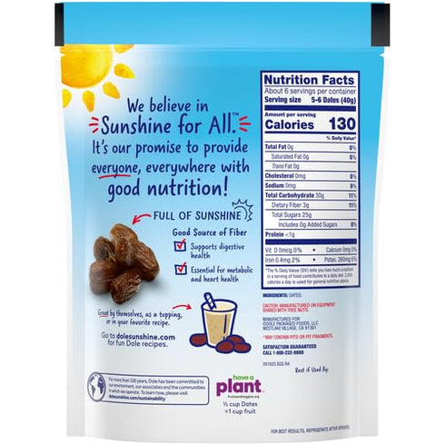 8 Oz Dole California Whole Pitted Dates, Dried Fruit, Gluten Free Snack, Bag