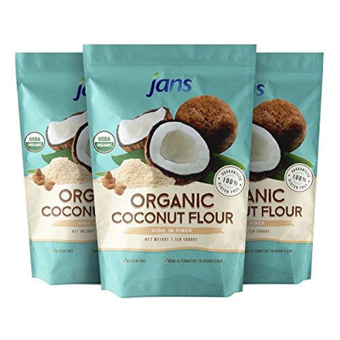 (1.1 lb, Pack 3) Jans Organic Coconut Flour of Certified Organic, Gluten-Free, Keto, Paleo, Vegan Friendly, Multi