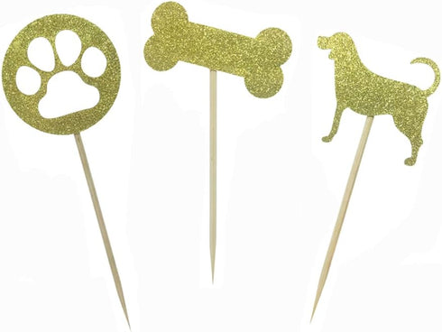 Morndew 24 PCS Gold Glitter Dog Palm and Bone Cupcake Toppers for Baby Shower, Birthday Party & Wedding Decorations