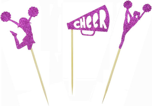 Morndew 24 PCS Purple Glitter Cheerleader Dance Horn Cupcake Toppers for Birthday Party Decorations