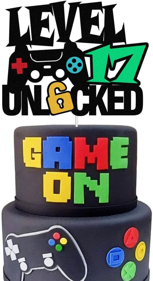 Level 17th Unlocked Sign Cake Topper - Happy 17th Birthday Decorations for Video Game Themed Party Supplies