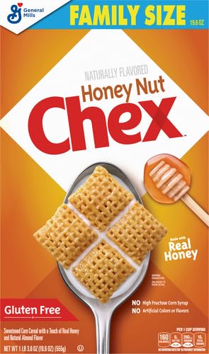 19.6 oz (Pack 5) Honey Nut Chex Cereal, Gluten Free Breakfast Cereal, Made with Whole Grain, Family Size