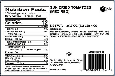 2.2 lb (35.2 oz), Yupik Sundried Tomatoes, Halves, Vegan, Kosher, Half Slices, Dehydrated Tomatoes, Salted, Chewy