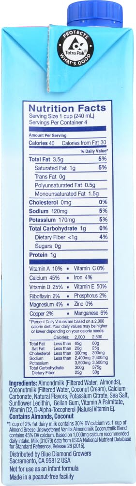 32 oz Blue Diamond Almond Breeze Almond Coconut Blend Unsweetened Vanilla -- fl
