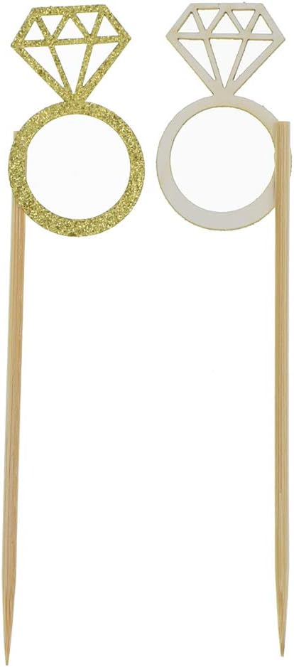 50 Pack Gold Glitter Mini Diamond Ring Cupcake Toppers for Marriage, Engagement, Anniversary, Birthday Party Cake Decor