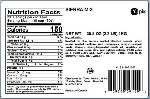 2.2 lb, Pack 1 Yupik Sierra Trail Mix, A mix of almonds, peanuts, almonds, pumpkin seeds, sunflower seeds, raisins