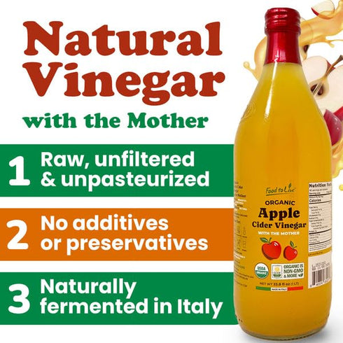 1 (Pack 4) Food To Live Organic Apple Cider Vinegar, L Raw Italian Natural Vinegar with the Mother, Unfiltered