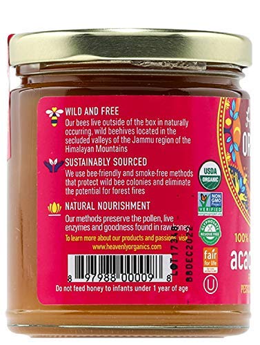 100% (12oz) Heavenly Organics Organic Raw Acacia Honey Lightly Filtered - Made from Wild Beehives & Free Range Bees;