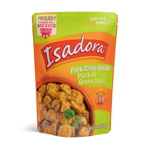 15 oz Isadora Fully Cooked Pork Chile Verde Pouch, Ready-to-Eat Authentic Mexican Meal, Pork in Green Salsa, Medium