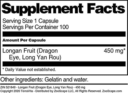Terravita 450 (100 521849) Longan Fruit (Dragon Eye, Long Yan Rou) - mg Capsules, ZIN: